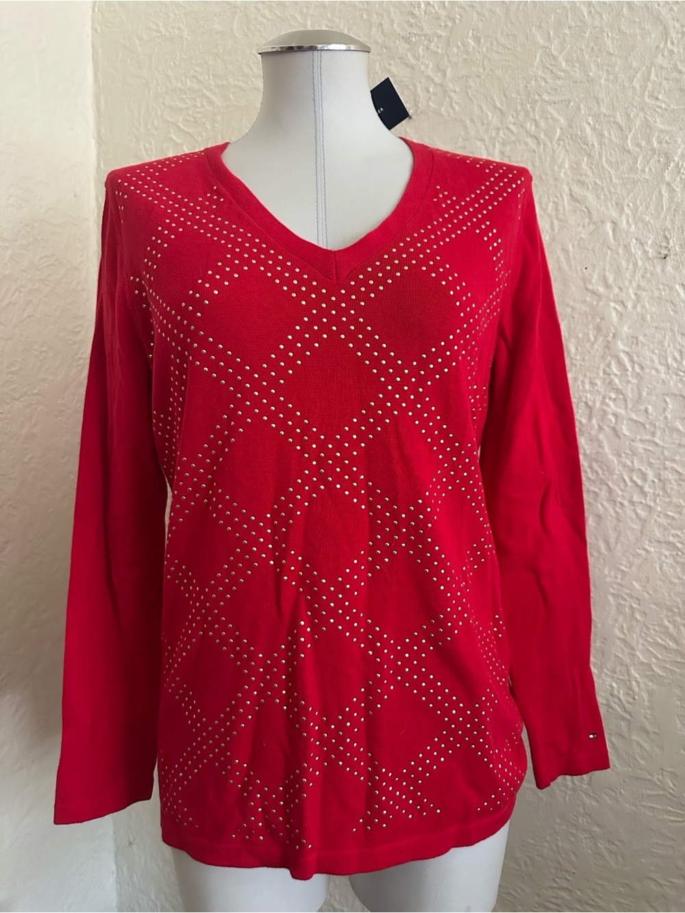 Tommy Hilfiger Red Gold Diamond Studded Sweater NWT Large
